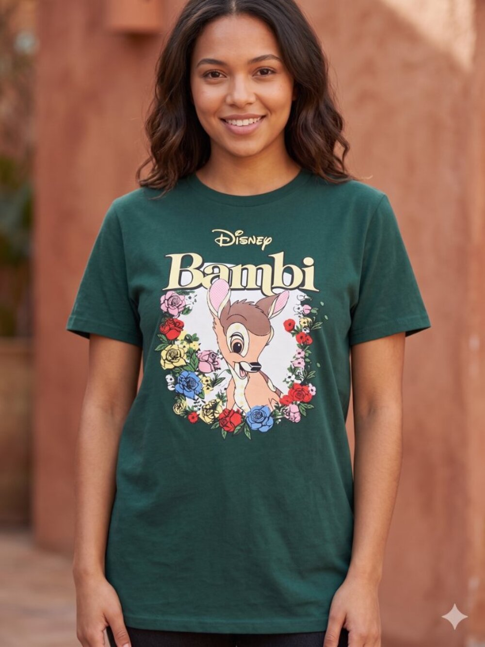 NWoT Disney Bambi Graphic T-Shirt Floral Wreath Forest Green Medium